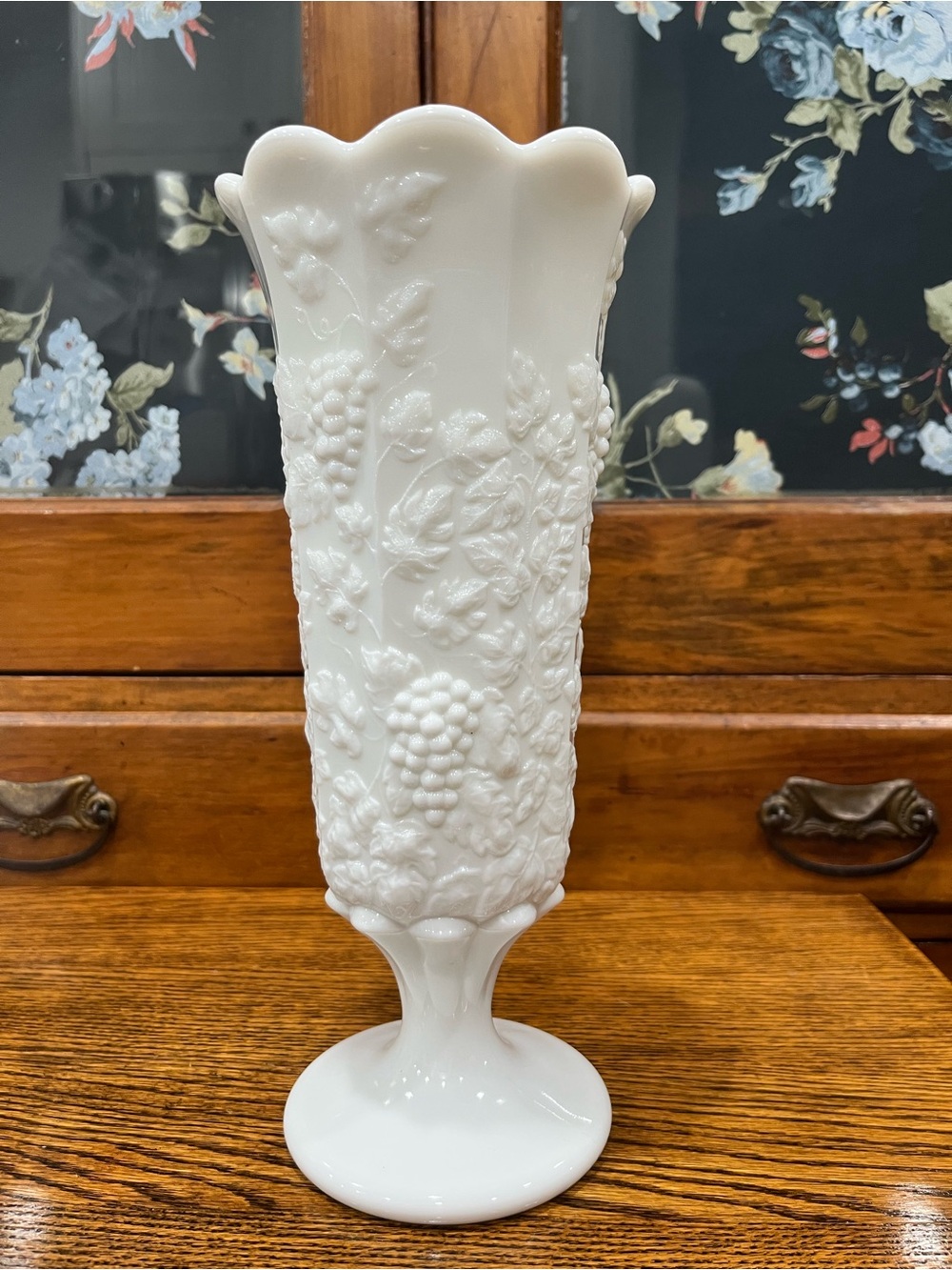 Vintage Westmoreland Paneled Grape Milk Glass Vase 11.5” Tall